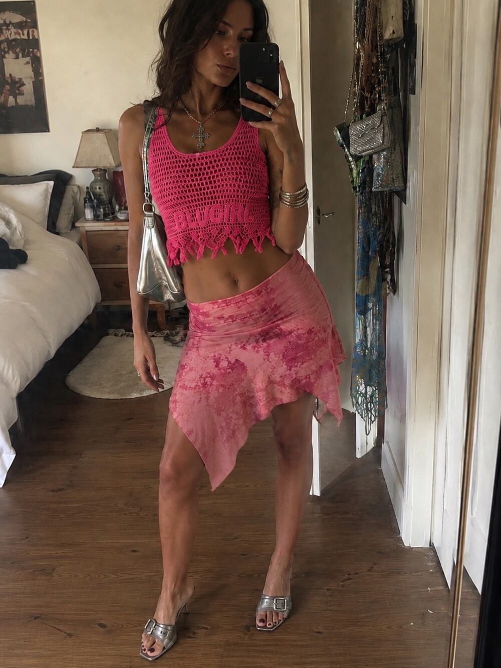 Vintage Y2K Blumarine Blugirl Crochet Crop Top Logo Pink Boho Small Beach